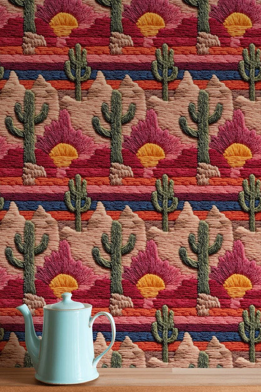 Embroidered Desert Landscape Wallpaper | Southwestern Wall Mural | Boho Peel and Stick Decor