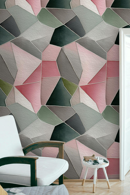Pink & Gray Geometric Mosaic Wallpaper: Peel and Stick Wall Mural