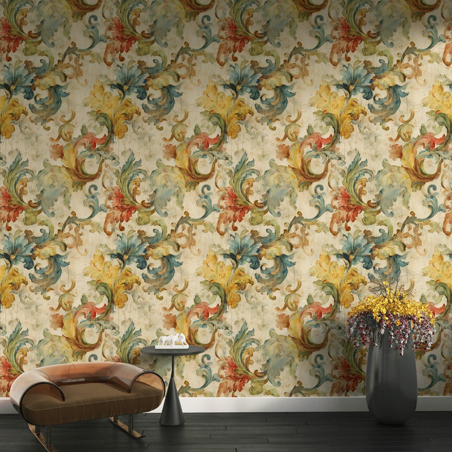 Baroque Scroll Wallpaper, Distressed Pastel Floral Mural, Peel & Stick or Unpasted Vintage Panel