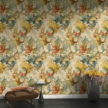 Baroque Scroll Wallpaper, Distressed Pastel Floral Mural, Peel & Stick or Unpasted Vintage Panel