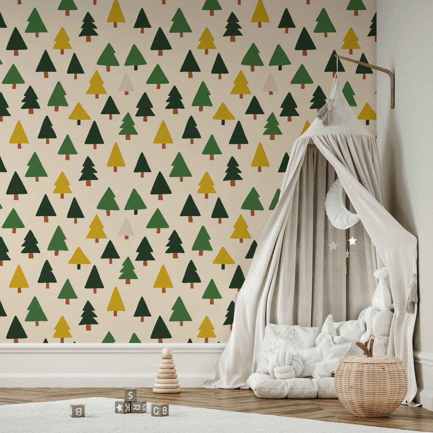 Scandi Pine Tree Wallpaper: Neutral Nursery Peel and Stick Mural