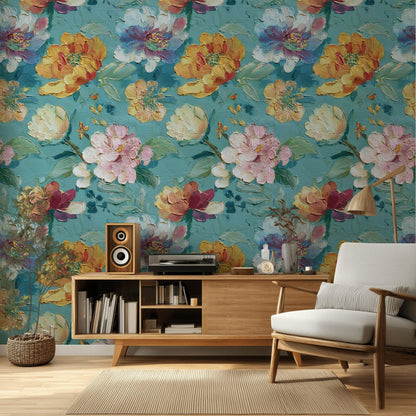Textured Floral Wallpaper, Impasto Style Wall Mural, Turquoise and Pink Peel and Stick Art