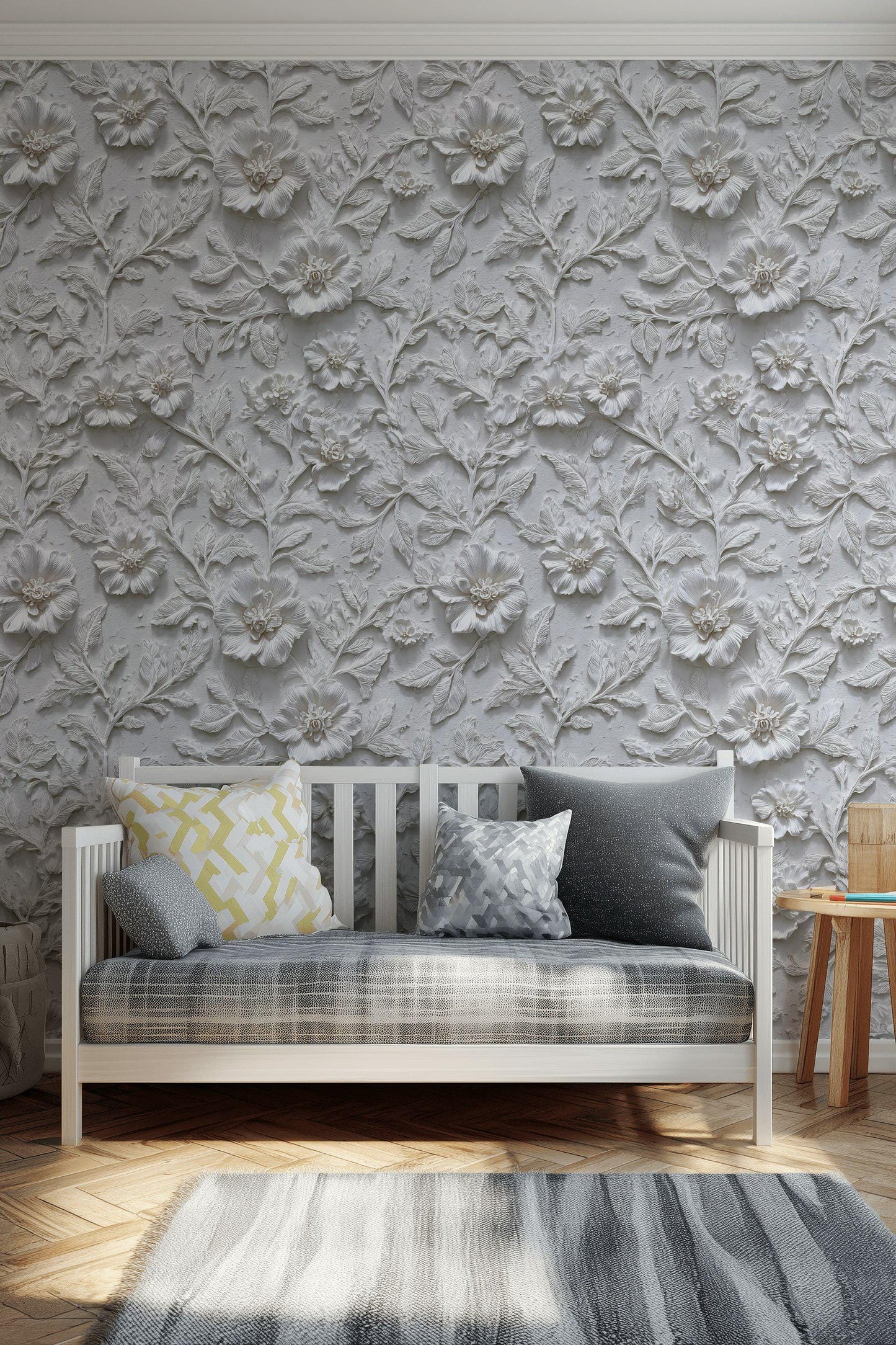Embossed 3D Floral Wallpaper, White Textured Wall Mural, Peel and Stick Minimalist Decor