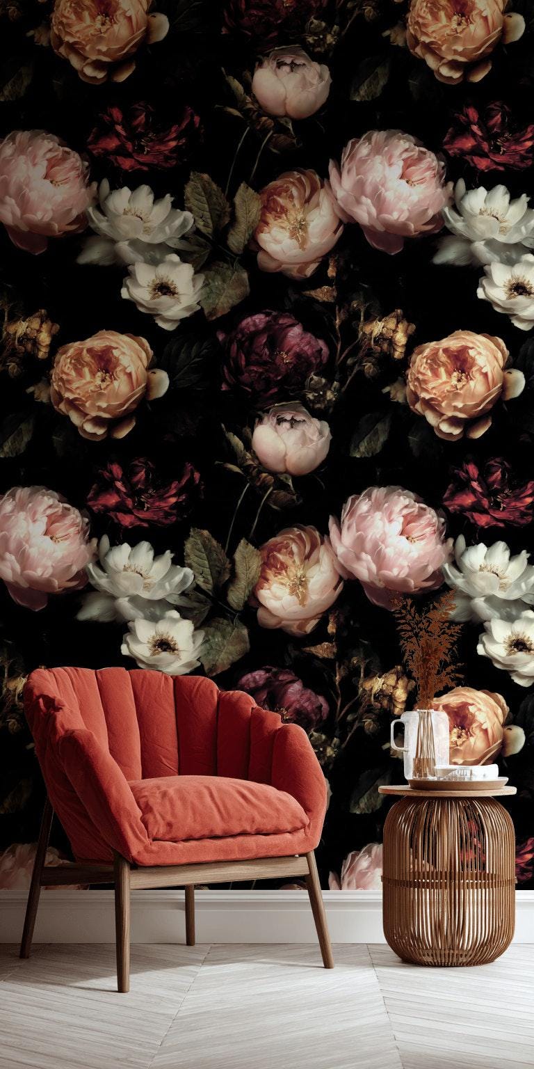 Dark Floral Wallpaper, Gothic Peony Rose Vertical Mural, Black Background Peel & Stick or Unpasted Panel