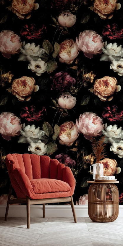 Dark Floral Wallpaper, Gothic Peony Rose Mural, Peel & Stick or Unpasted