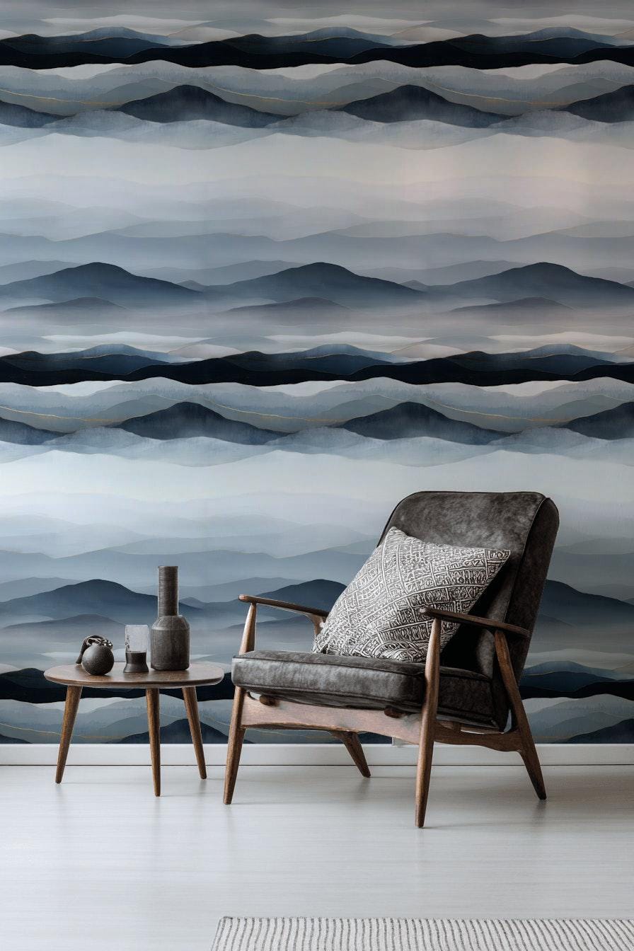 Blue Gray Mountain Wallpaper Mural: Gold Line Peel and Stick