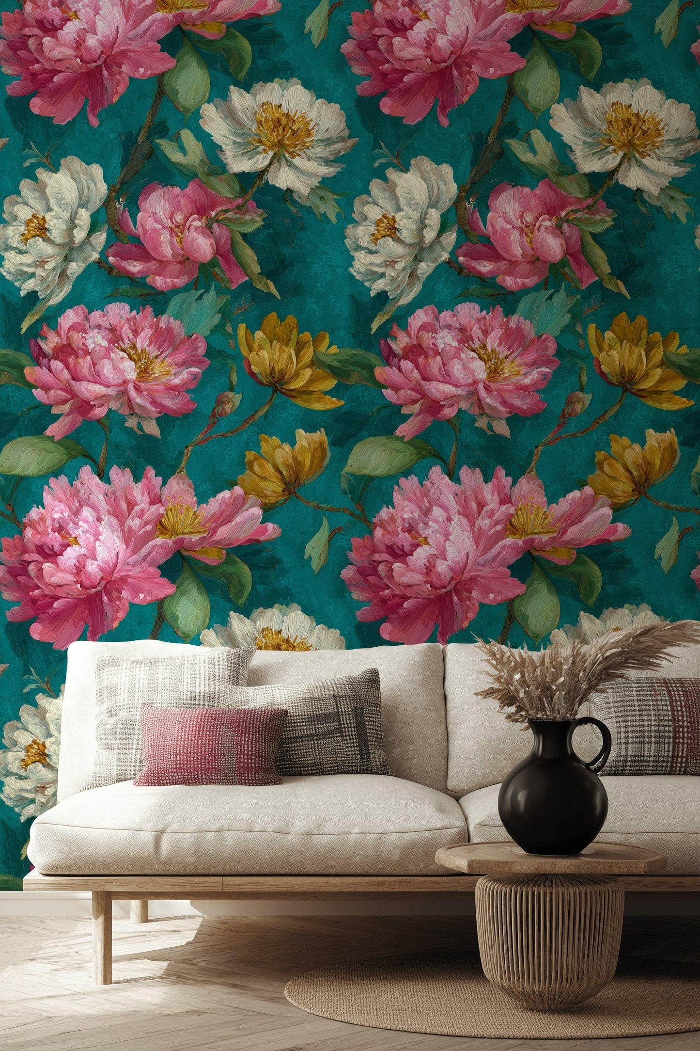 Impasto Peony Wallpaper Mural: Turquoise & Pink Floral Peel and Stick Art