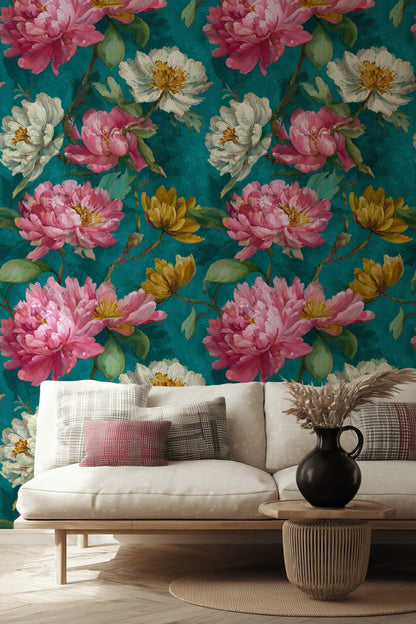 Impasto Peony Wallpaper Mural: Turquoise & Pink Floral Peel and Stick Art