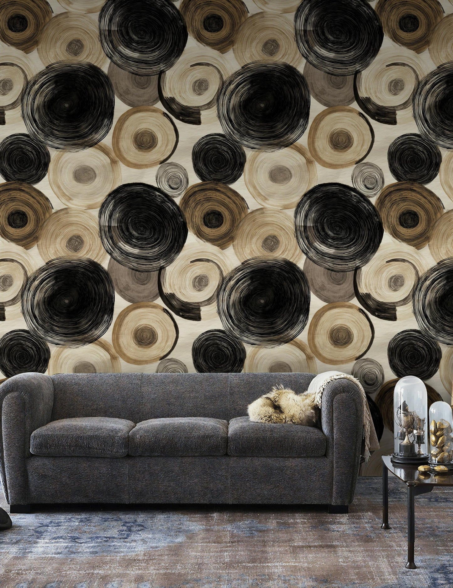 Abstract Swirl Wallpaper Mural: Black Espresso Circles, Hand-Painted Art (Peel & Stick or Unpasted)
