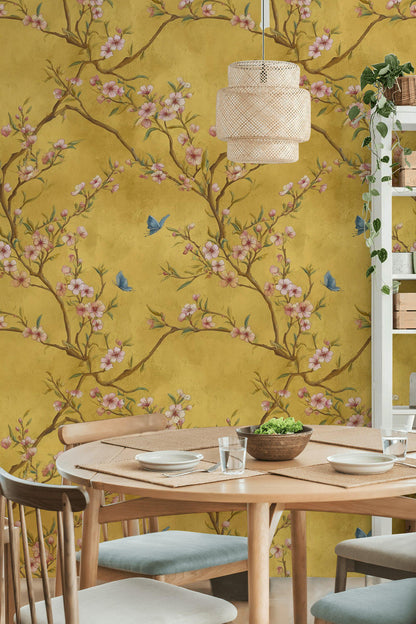Chinoiserie Blossom Tree Wallpaper: Gold Butterfly Wall Mural, Peel & Stick