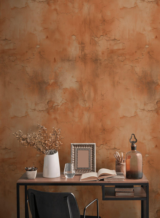Distressed Terracotta Wallpaper Mural, Rustic Rusty Wall Decor, Industrial Peel and Stick