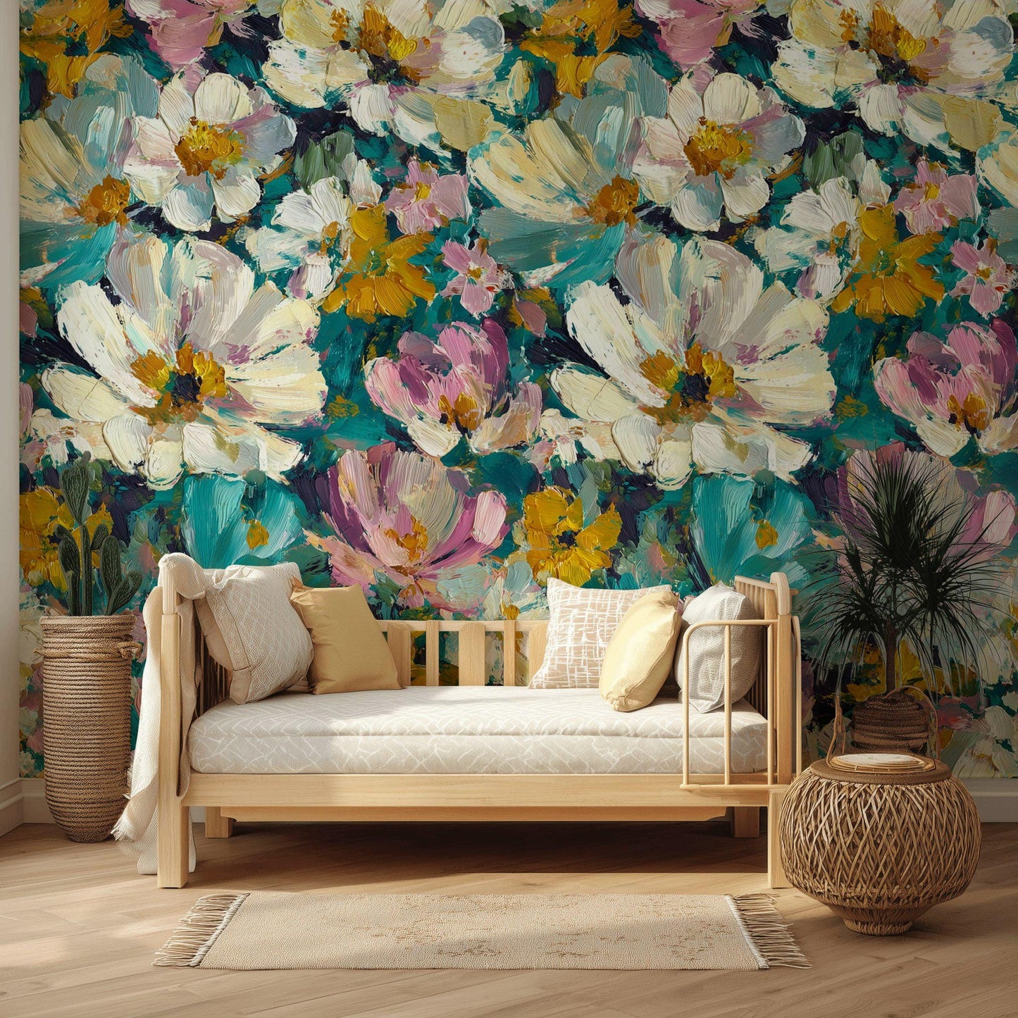 Textured Impasto Floral Wallpaper Mural: Peel and Stick Art Decor