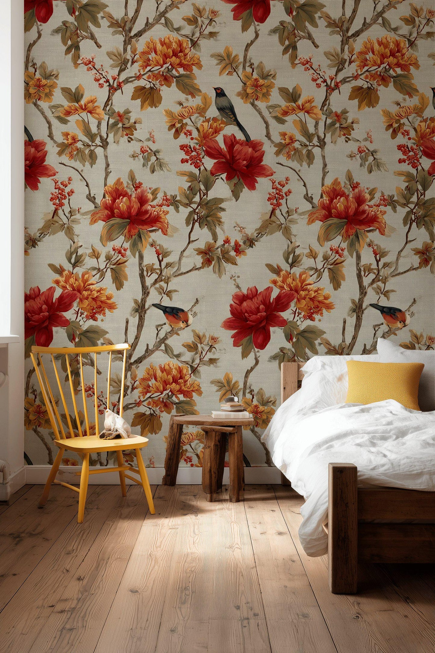 Chinoiserie Peel and Stick Wallpaper Mural: Bird & Floral Wall Decor