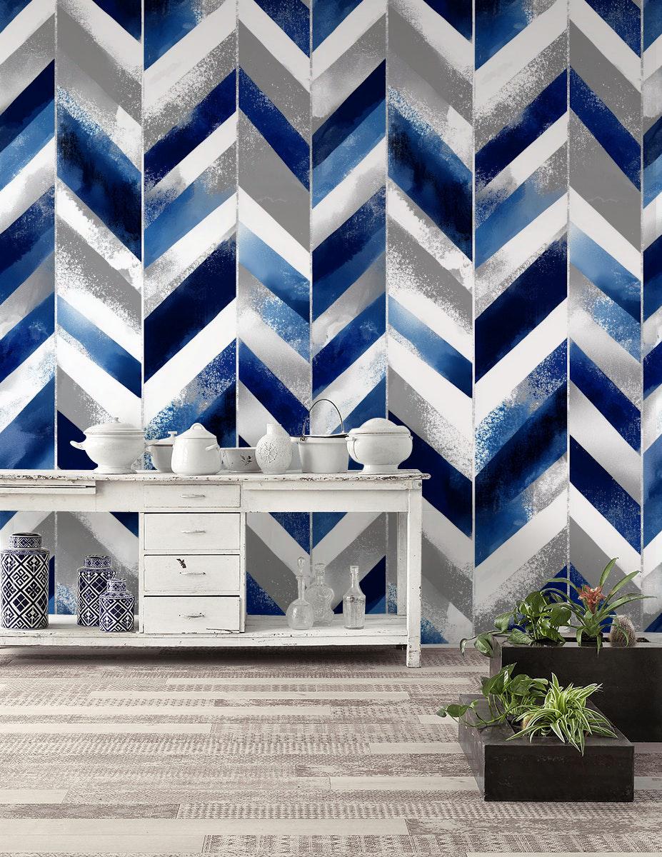Abstract Blue Gray Chevron Wallpaper | Modern Geometric Wall Mural | Indigo Peel and Stick Decor