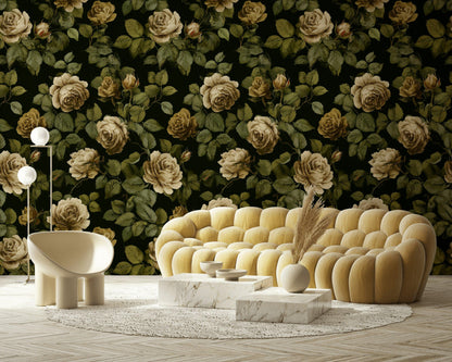 Dark Floral Wallpaper Mural: Vintage Roses, Peel and Stick