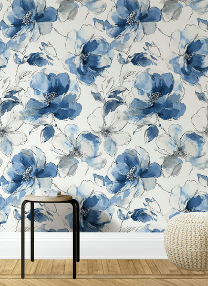 Blue Watercolor Peony Wallpaper: Abstract Floral Peel and Stick Wall Mural