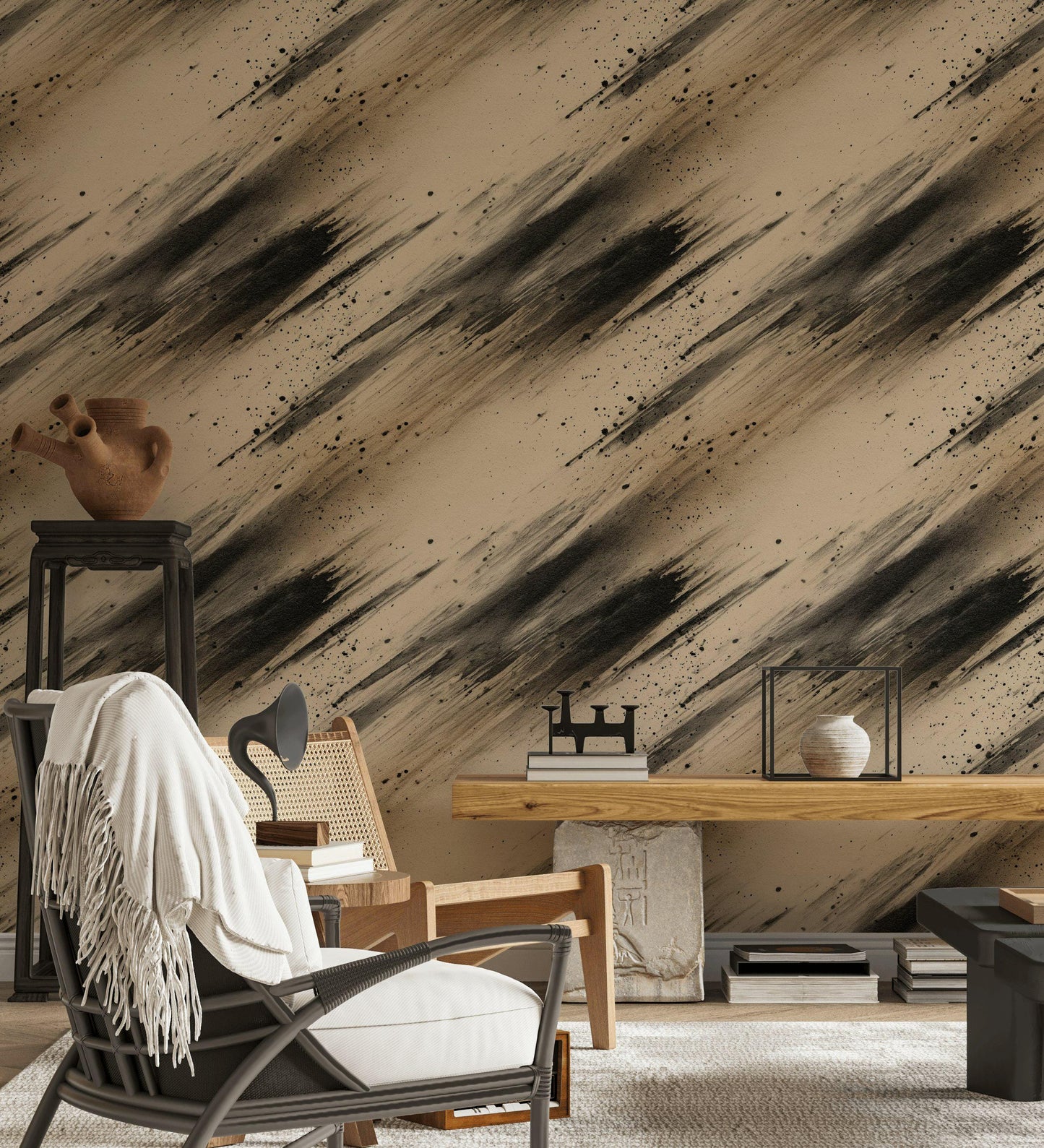 Abstract Ink Splatter Wallpaper: Black Beige Brushstrokes, Peel & Stick Mural