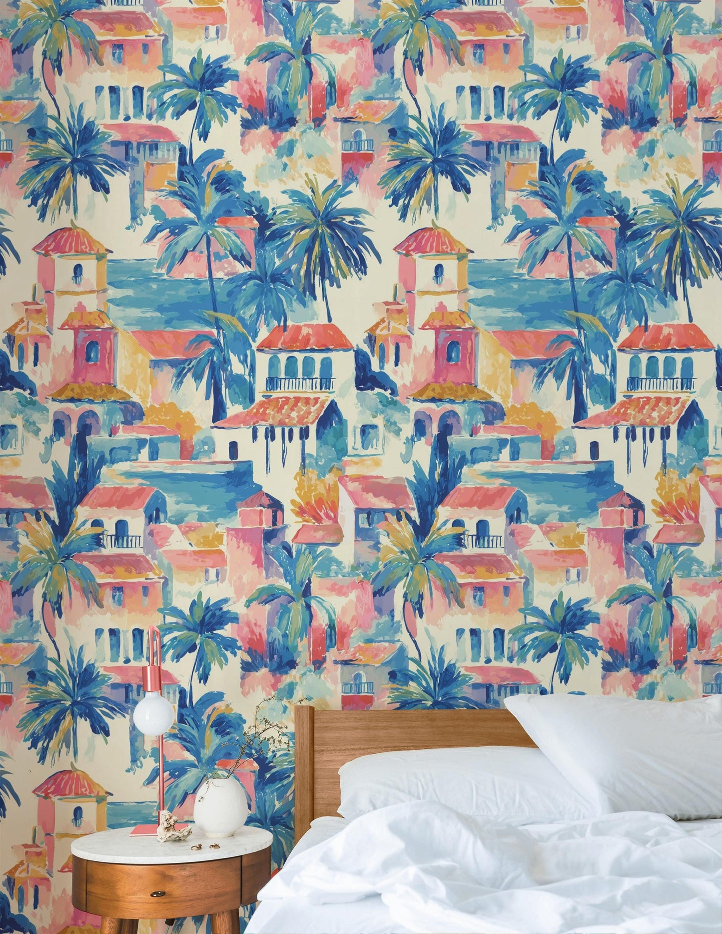Watercolor Mediterranean Village Peel and Stick Wallpaper | Coastal Town Wall Mural Removable Seaside Decor