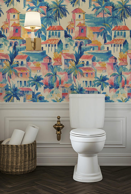 Watercolor Mediterranean Village Peel and Stick Wallpaper | Coastal Town Wall Mural Removable Seaside Decor