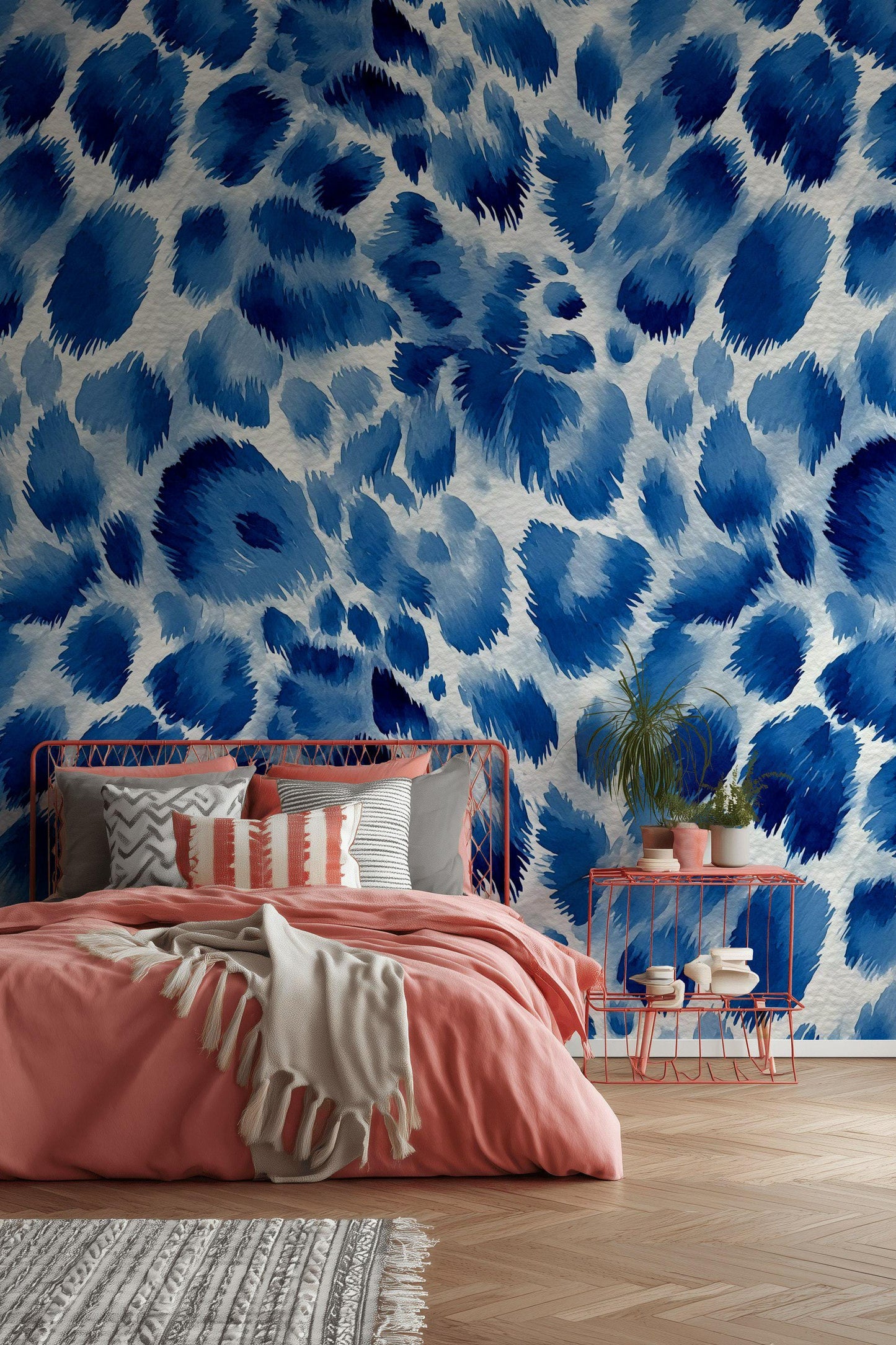 Bold Blue Animal Print Wallpaper, Watercolor Cheetah Wall Mural, Cobalt Peel and Stick Deco