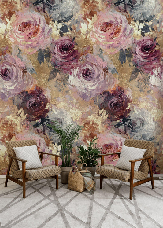 Vintage Gold Foil Rose Wallpaper | Impasto Floral Wall Mural | Luxury Peel and Stick Decor