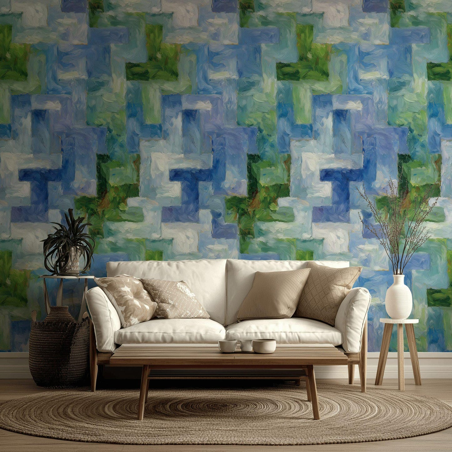 Monet Style Impressionist Mural, Textured Blue Green Block Wallpaper, Vertical Peel & Stick Art Panel