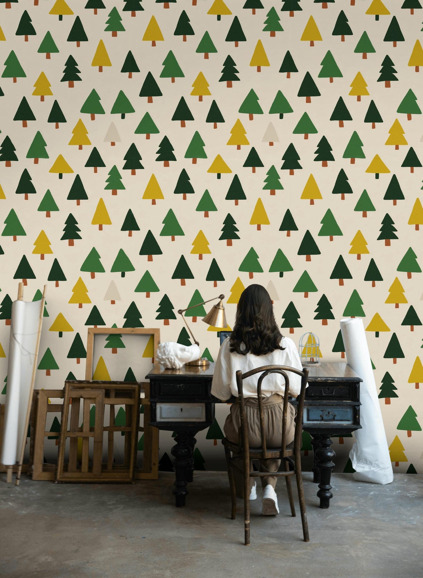 Scandi Pine Tree Wallpaper: Neutral Nursery Peel and Stick Mural