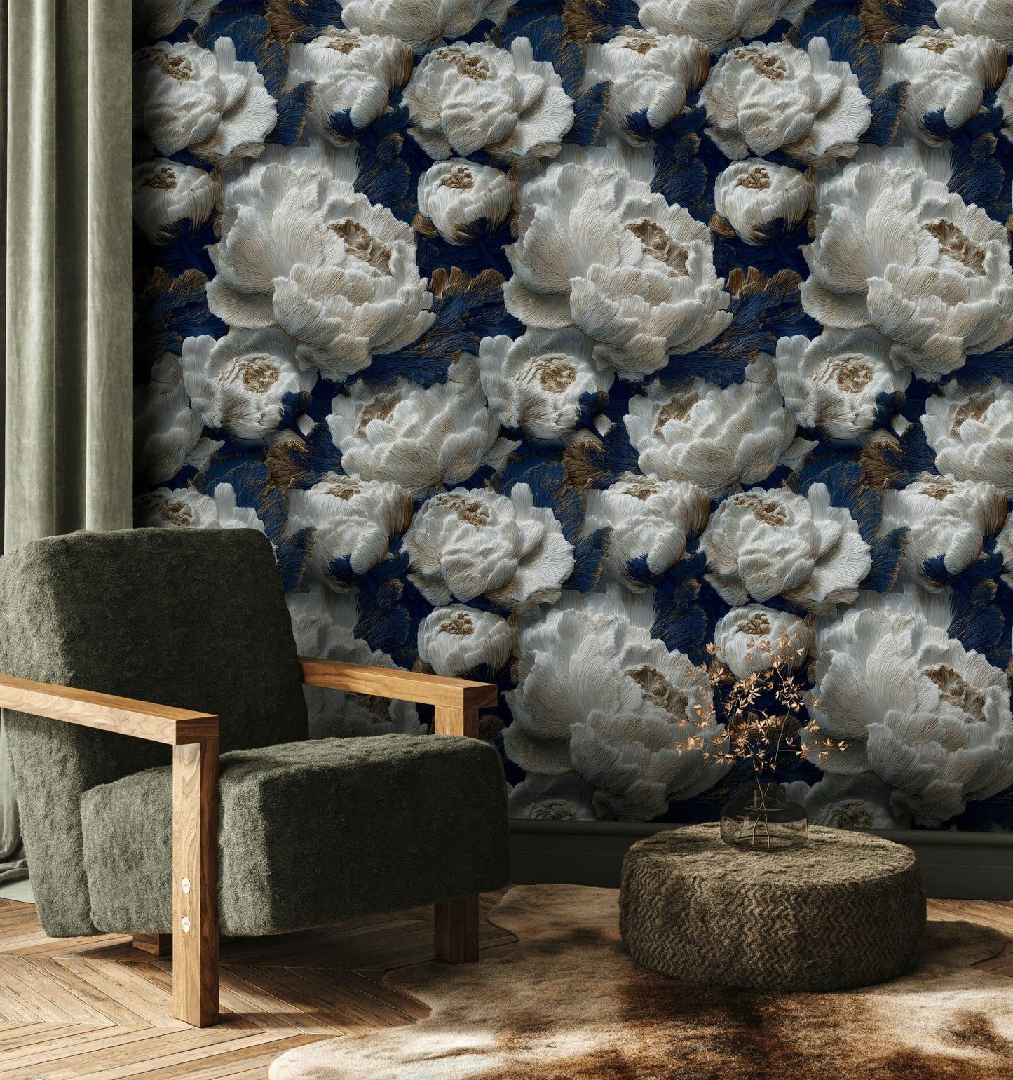 Textured Peony Flower Wallpaper: Navy Blue & Gold Glam Mural