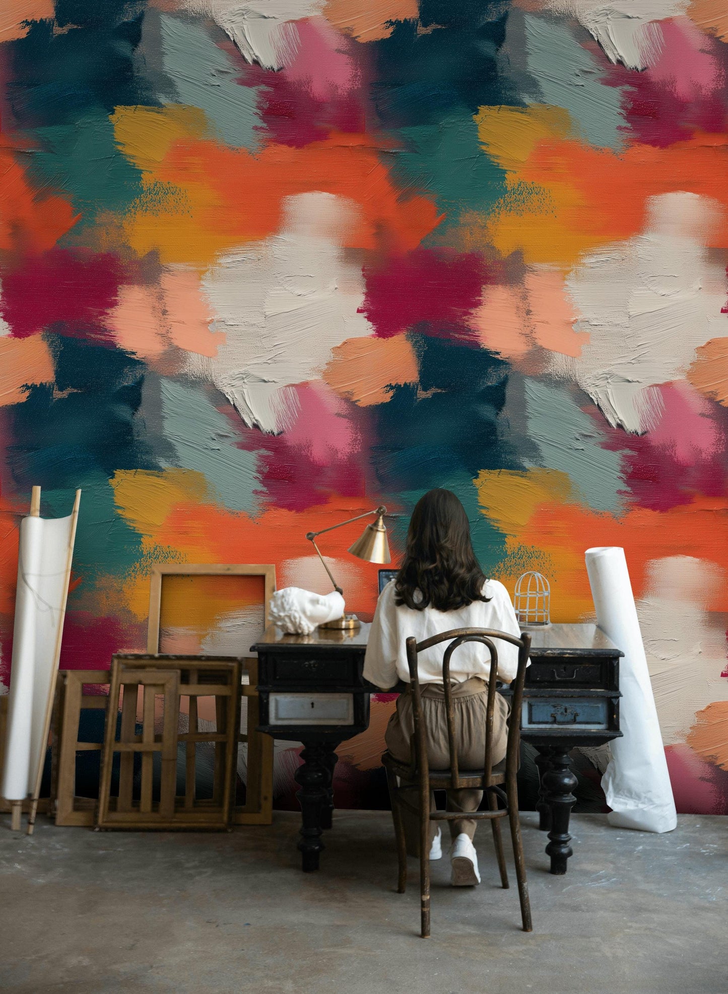 Abstract Bold Brushstroke Wallpaper | Textured Multi-Color Wall Mural | Modern Impasto Peel and Stick Decor