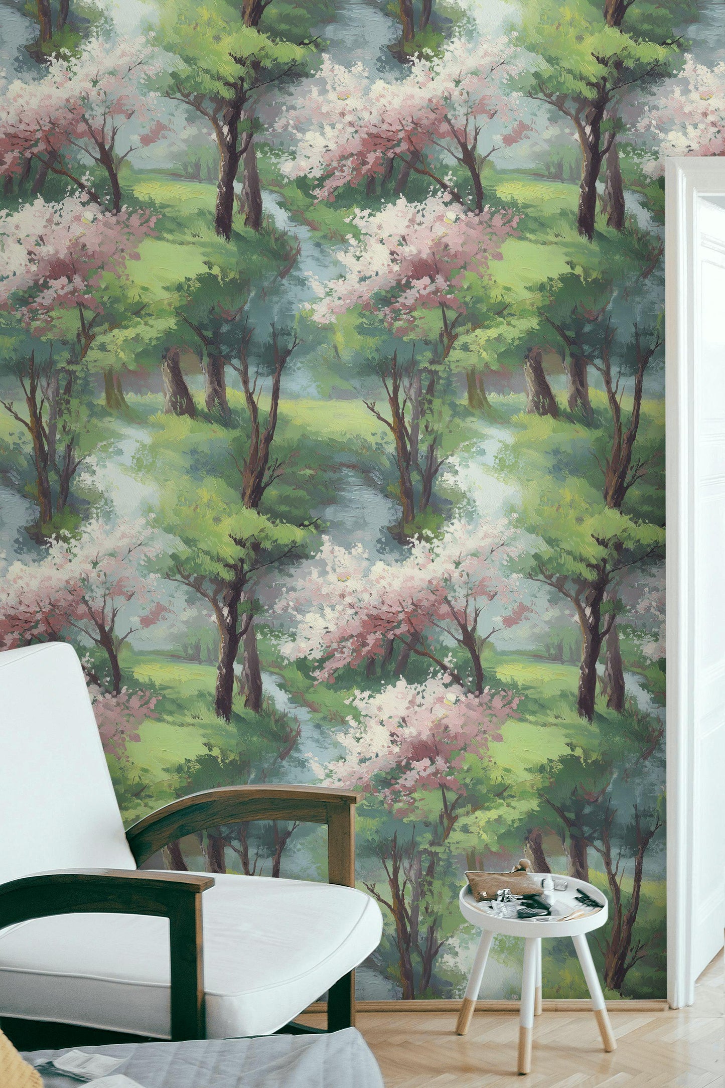 Watercolor Spring Forest Wallpaper: Peel and Stick Green Landscape Wall Mural