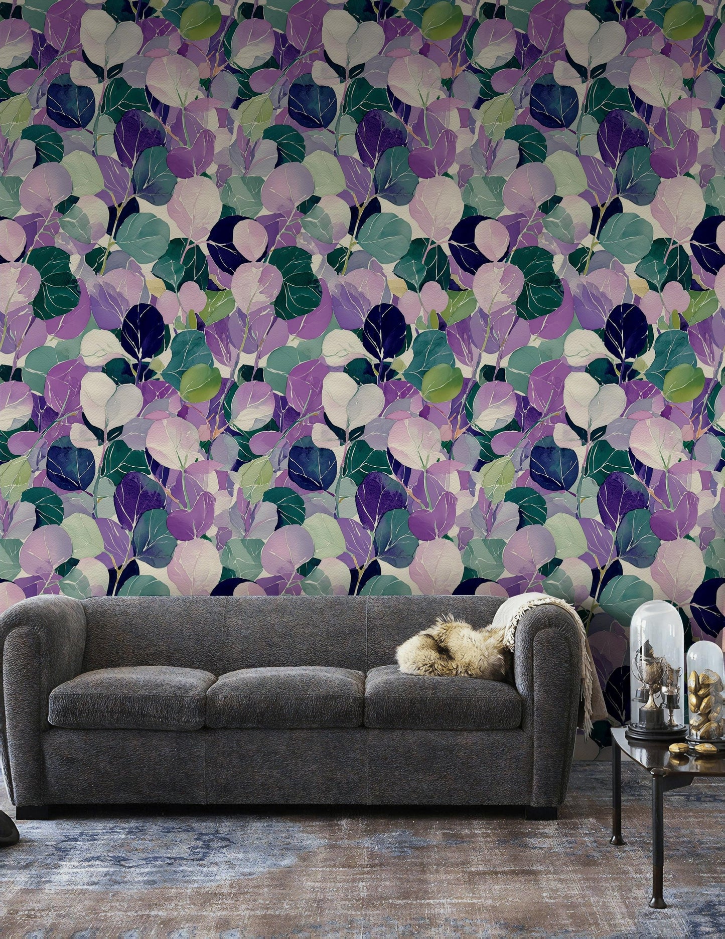 Watercolor Leaf Peel and Stick Wallpaper: Purple Green Botanical Wall Mural