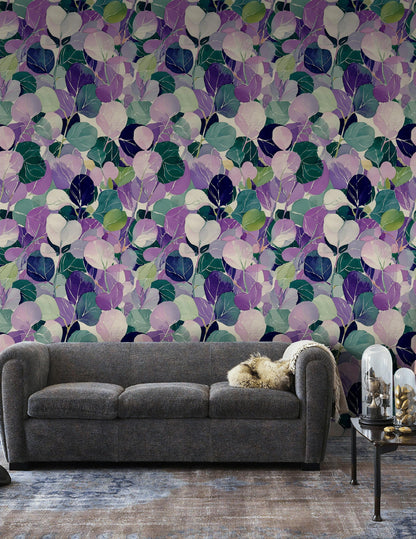 Watercolor Leaf Peel and Stick Wallpaper: Purple Green Botanical Wall Mural