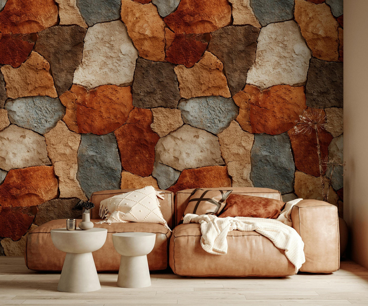Rustic Stone Wall Wallpaper | Natural Stacked Rock Mural | Faux Stone Peel and Stick Decor