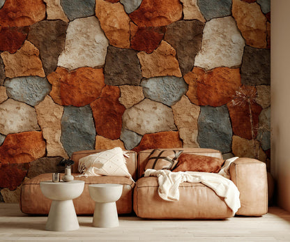 Rustic Stone Wall Wallpaper | Natural Stacked Rock Mural | Faux Stone Peel and Stick Decor