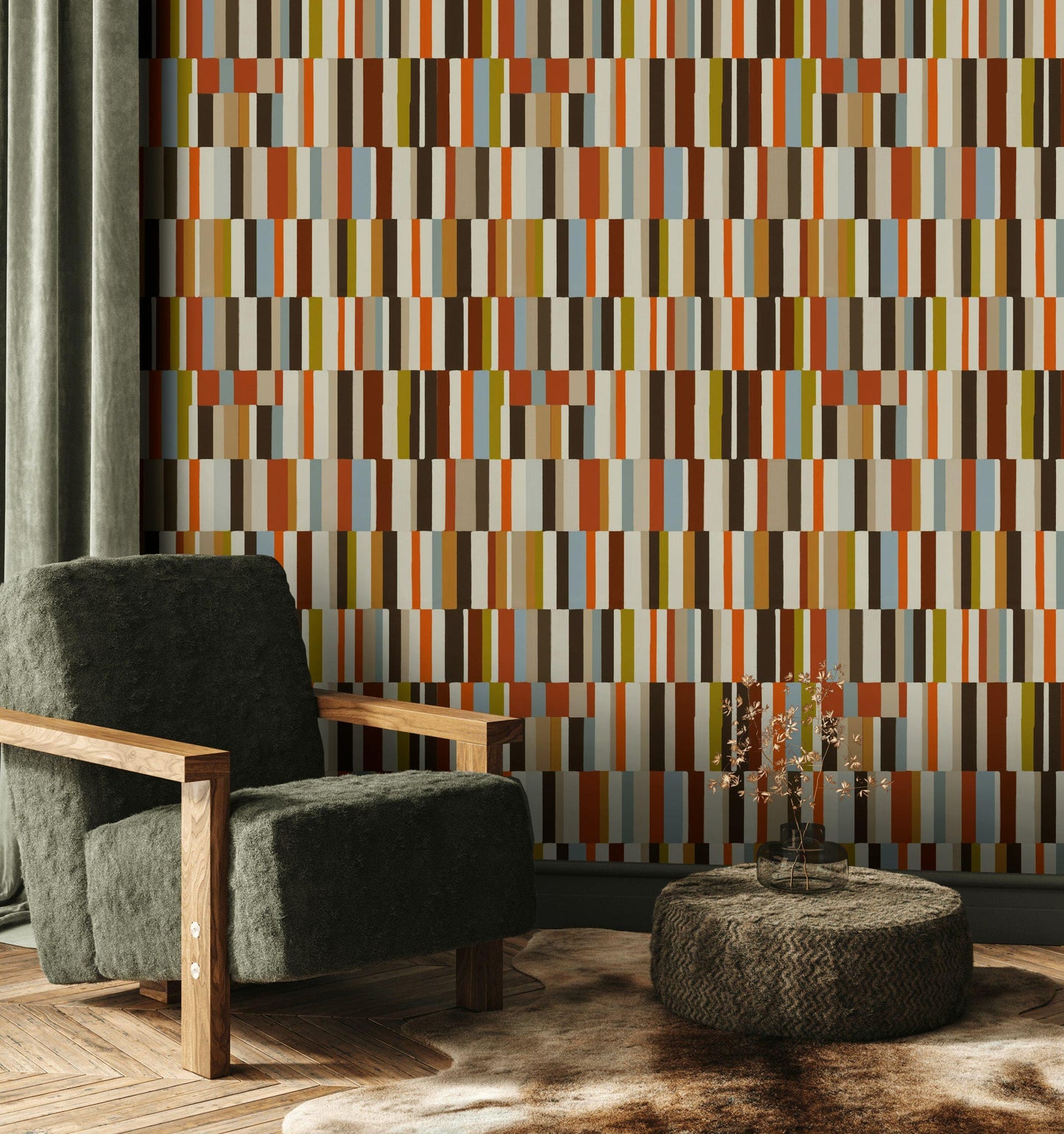 Mid-Century Modern Wallpaper, Retro Color Blocks Vertical Stripe Mural, Peel & Stick or Unpasted Panel