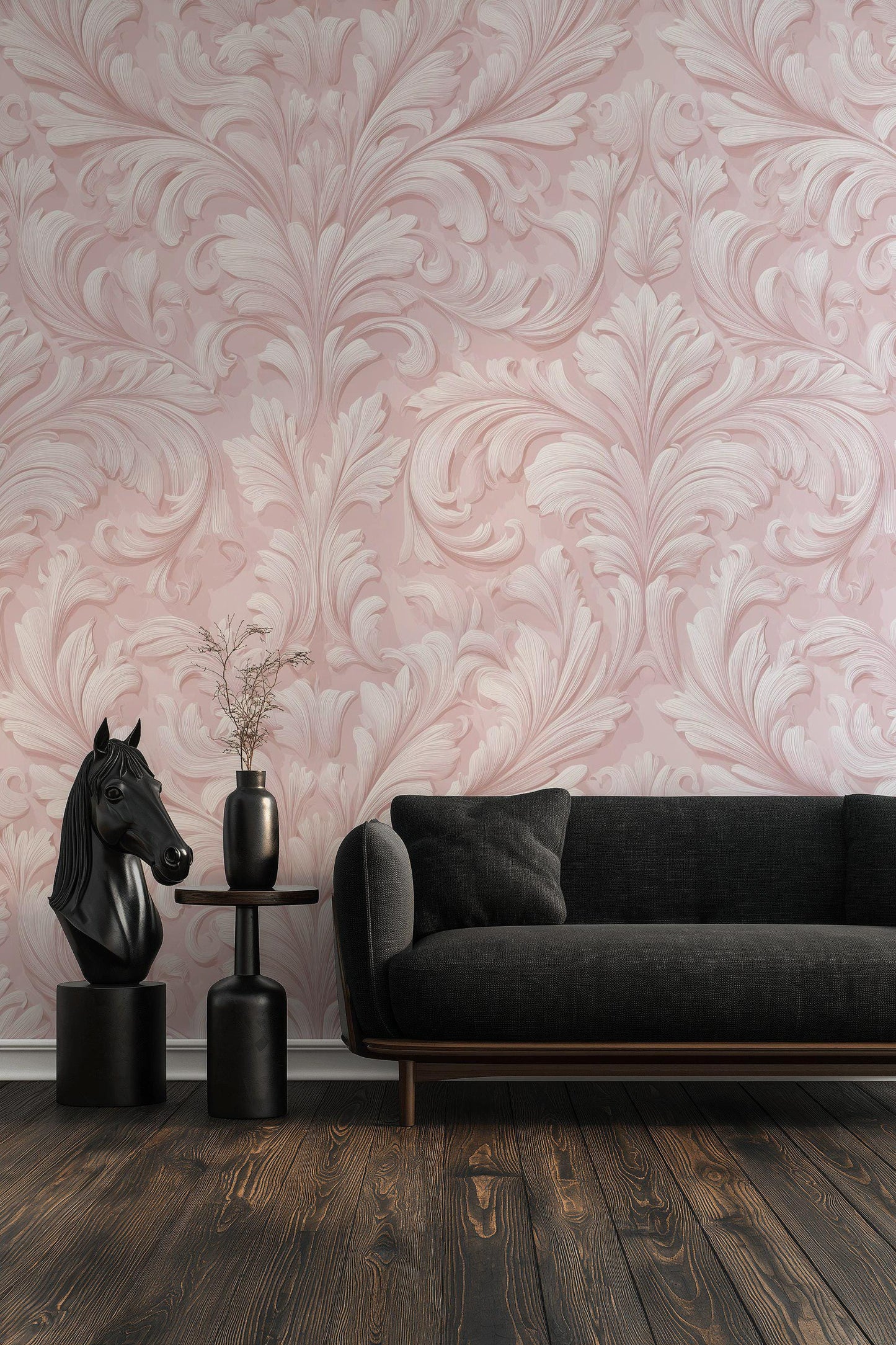 Embossed Damask Wallpaper, Pink Wall Mural, Classic Floral Scroll, Peel and Stick Decor