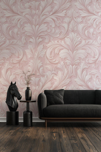 Embossed Damask Wallpaper, Pink Wall Mural, Classic Floral Scroll, Peel and Stick Decor