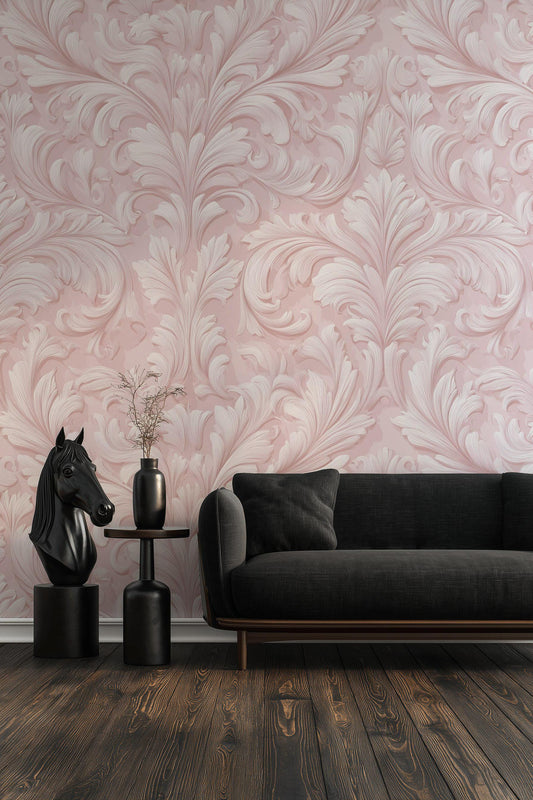 Embossed Damask Wallpaper, Pink Wall Mural, Classic Floral Scroll, Peel and Stick Decor