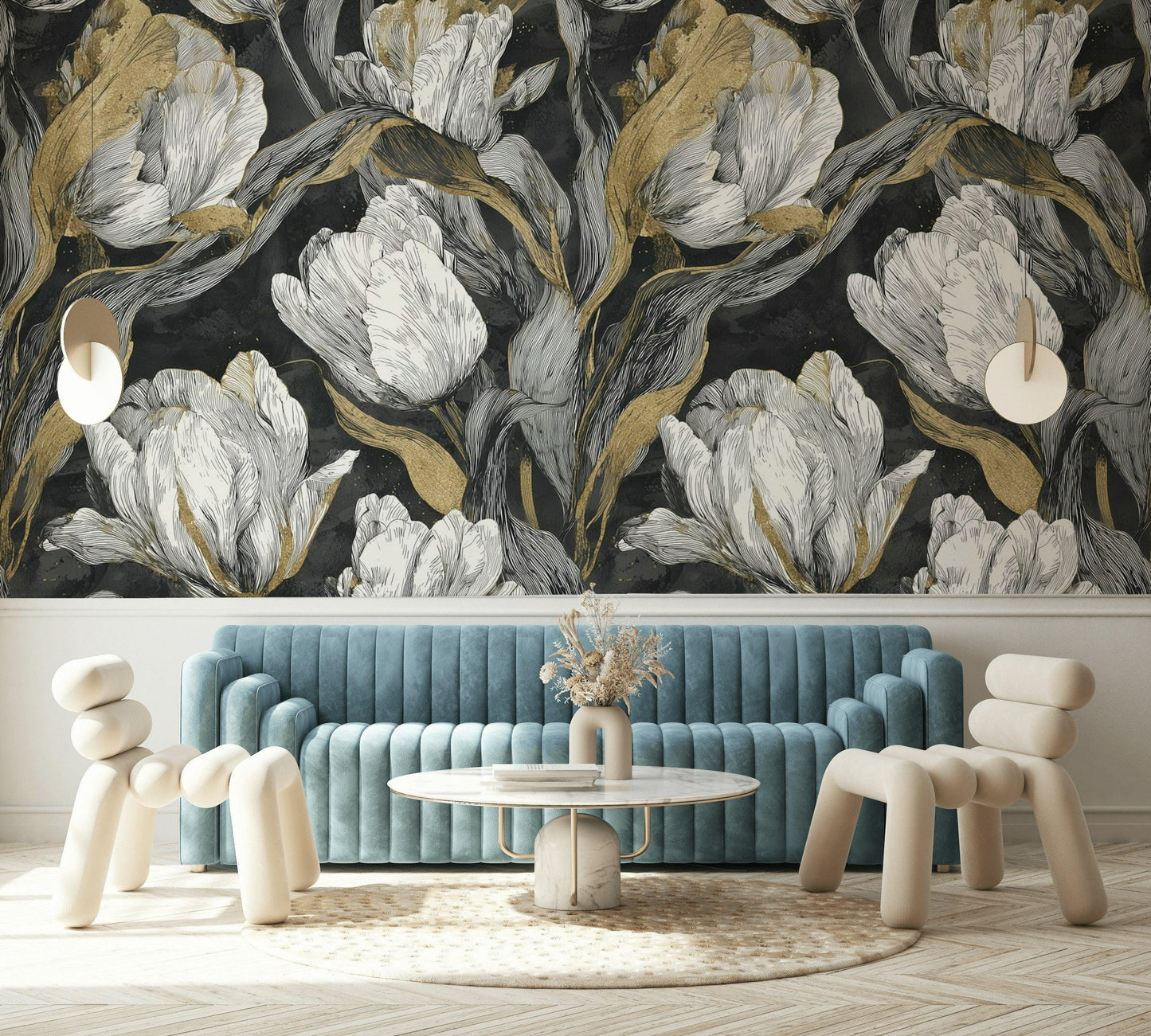 Luxury Gold Tulip Wallpaper | Dark Floral Wall Mural | Modern Botanical Peel and Stick Decor