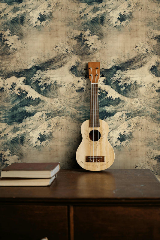 Japanese Great Wave Wallpaper | Vintage Ocean Wall Mural | Asian Art Peel and Stick Decor