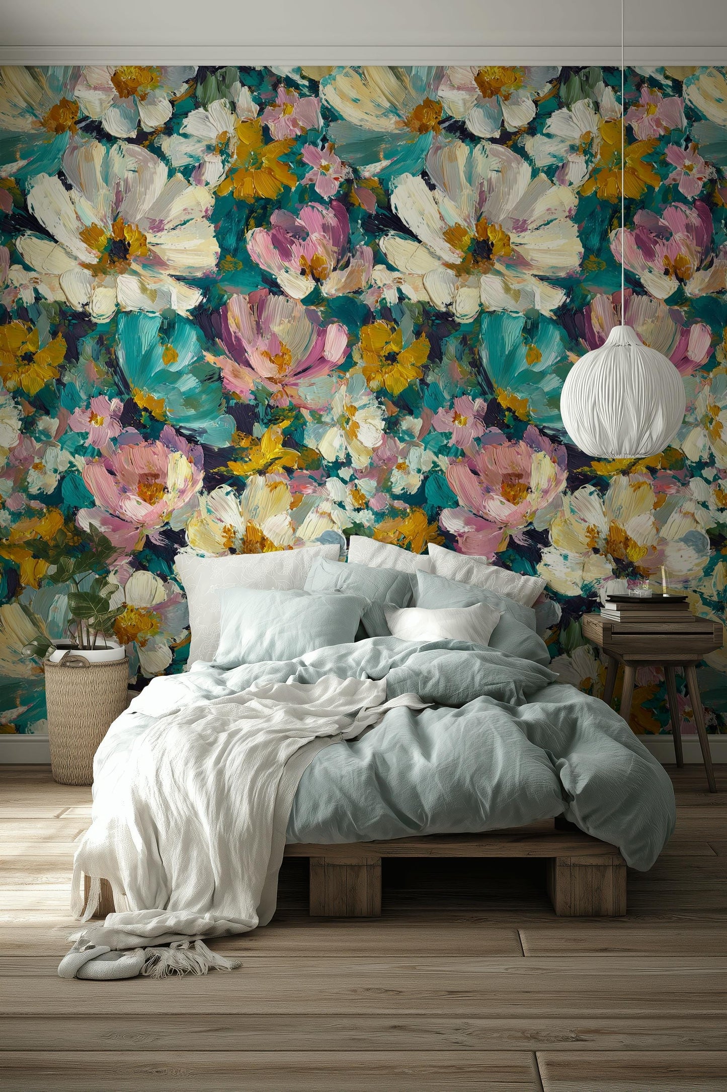 Textured Impasto Floral Wallpaper Mural: Peel and Stick Art Decor