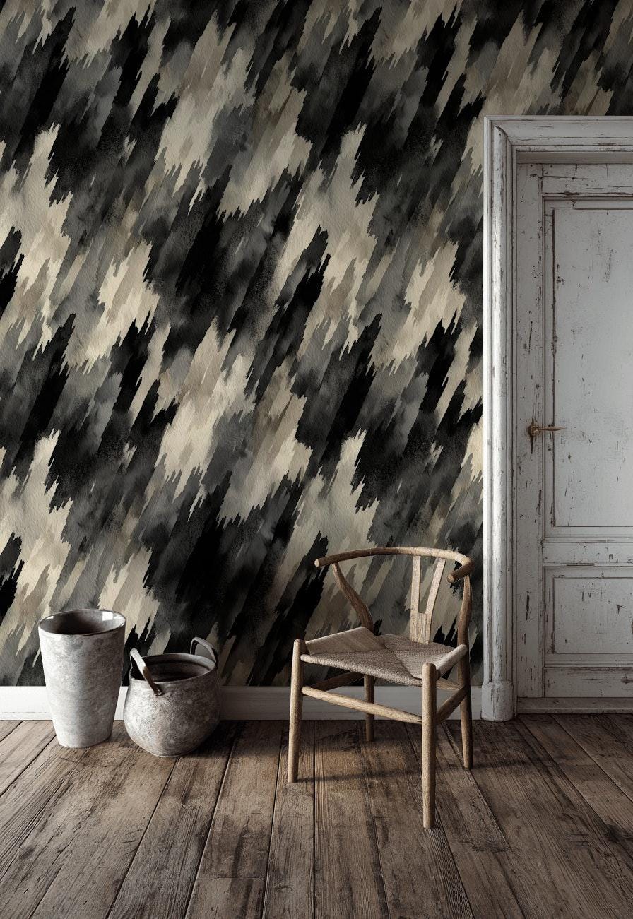 Abstract Diagonal Brushstroke Wallpaper, Black Gray Watercolor Peel & Stick or Unpasted Vertical Wall Mural