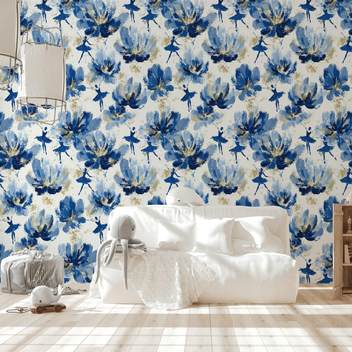 Blue Ballerina Wallpaper, Gold Accented Abstract Floral Mural, Peel & Stick or Unpasted Vertical Panel