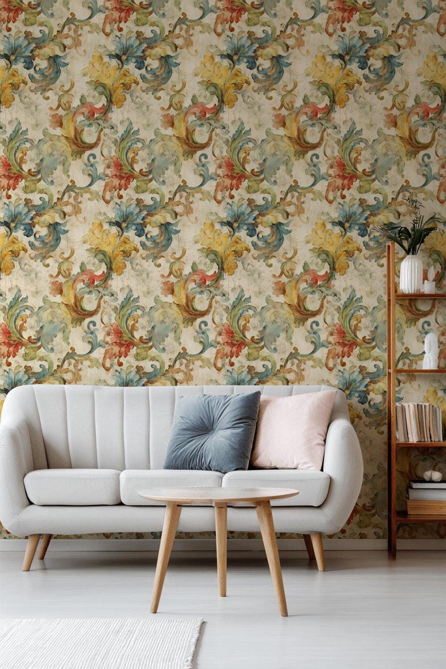 Baroque Scroll Wallpaper, Distressed Pastel Floral Mural, Peel & Stick or Unpasted Vintage Panel