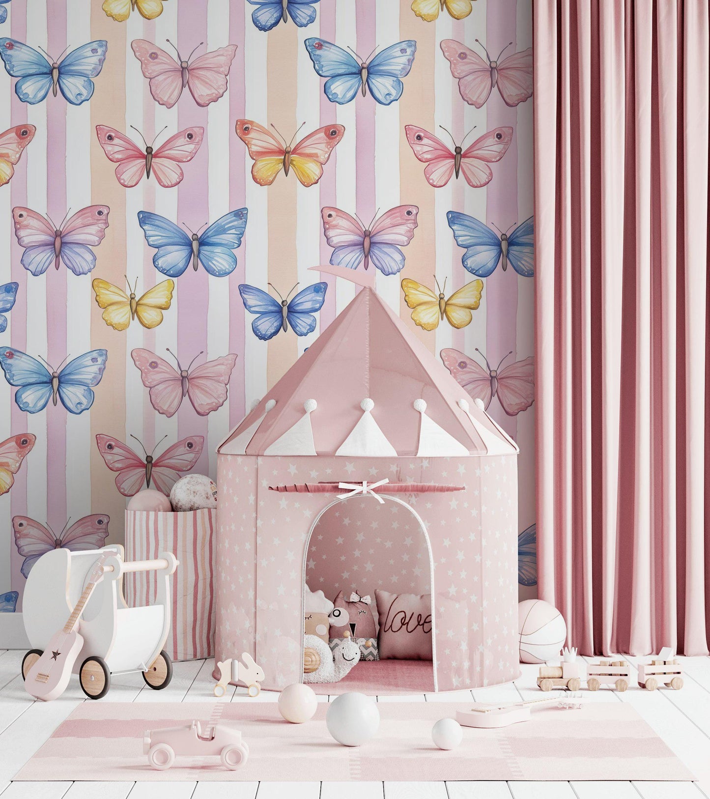 Watercolor Butterfly Wallpaper: Pastel Striped Peel and Stick Nursery Decor