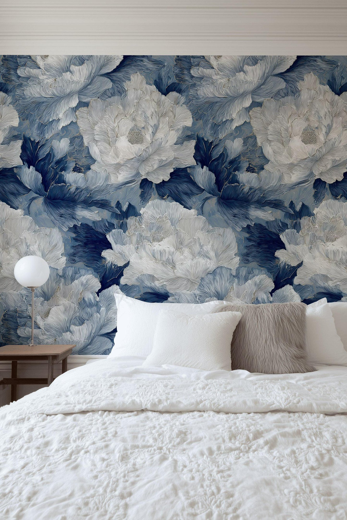 Textured Blue Floral Wallpaper, Modern Botanical Wall Mural, Peony Peel and Stick Decor