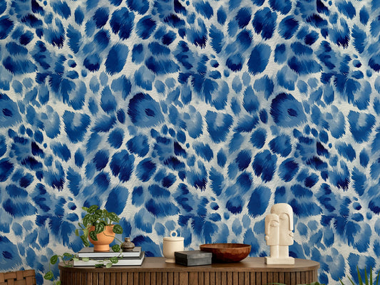 Bold Blue Animal Print Wallpaper, Watercolor Cheetah Wall Mural, Cobalt Peel and Stick Deco