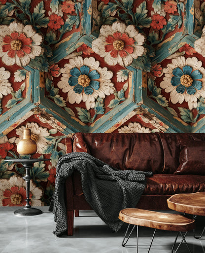 Faux Carved Wood Wallpaper: 3D Floral Peel and Stick Wall Mural