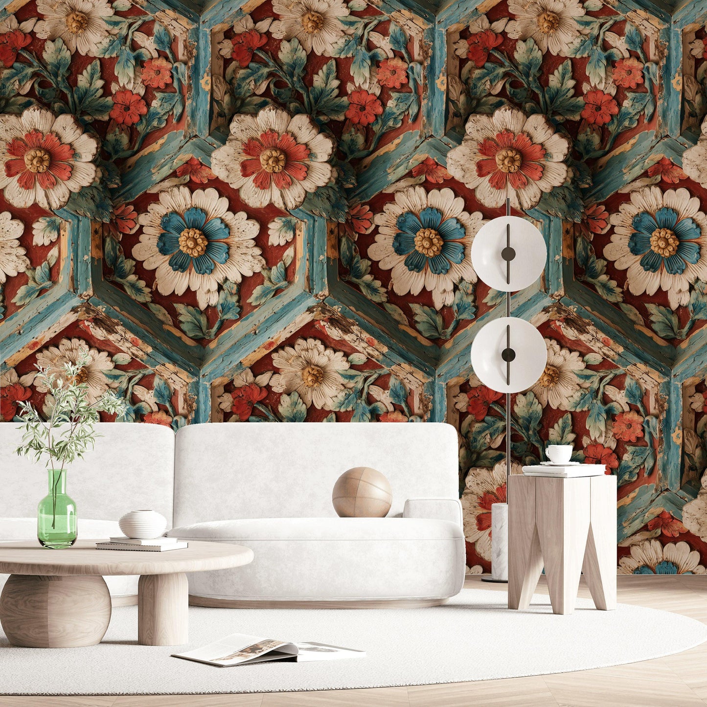 Faux Carved Wood Wallpaper: 3D Floral Peel and Stick Wall Mural