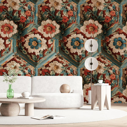 Faux Carved Wood Wallpaper: 3D Floral Peel and Stick Wall Mural